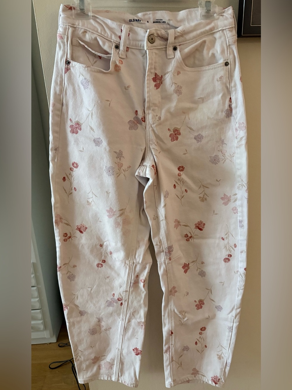 Old Navy Barrel Light Cream Jeans with Pink & Lavender Floral Print